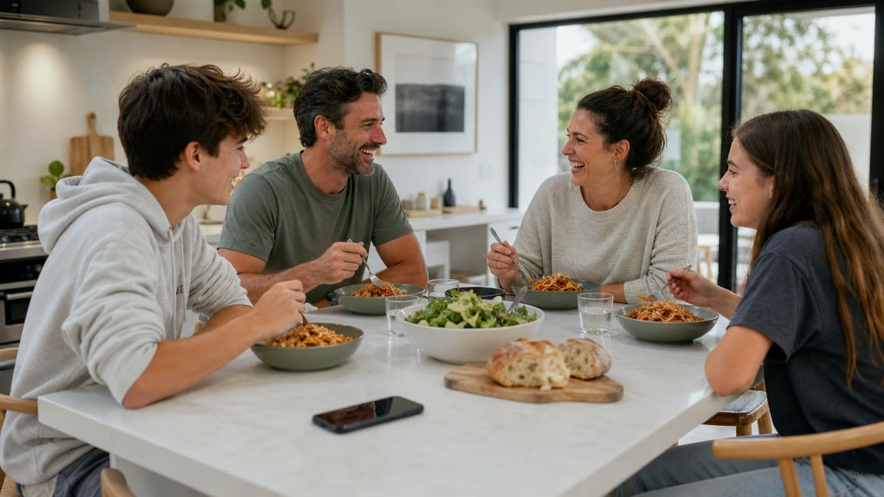 A family with teenagers laughing over dinner at a white kitchen island